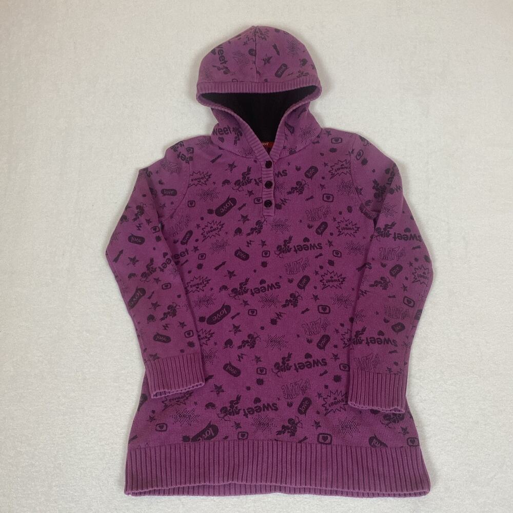 Y2k Whimsigoth Purple Henley Sherpa Hood Lined Graphic Text Henley Sweater